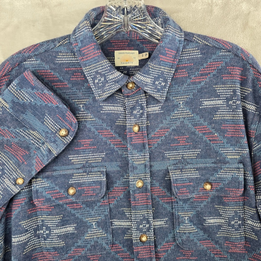 Faherty Good Feather Shirt Mens Medium Blue Aztec Southwestern Knit Button Down - Picture 1 of 7